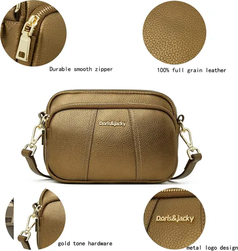 Vista 4 de DORIS&JACKY Bolso cruzado de cuero para mujer, pequeño, suave, con triple cremallera, con correa ajustable