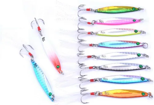 Vista 3 de Aorace 10 piezas de metal duro jigs buceo pesca mar señuelos minnow Popper cebos aparejos Crankbait agua salada señuelos de agua dulce con pluma