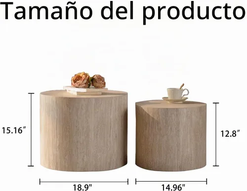 Vista 2 de Juego de 2 mesas de centro anidadas, modernas mesas de centro redondas de madera, mesa auxiliar decorativa para espacios pequeños, sala de estar