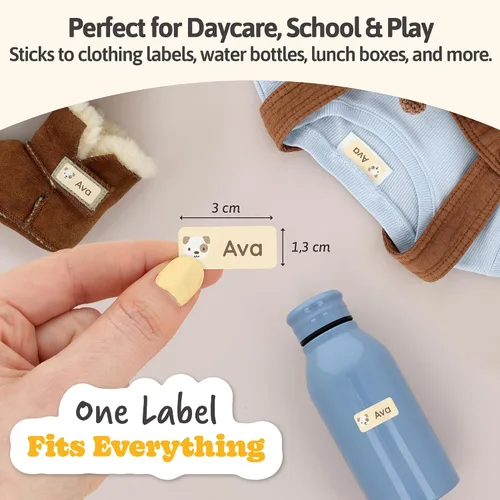 Vista 2 de Etiquetas de nombre personalizadas para niños (60) – Adhesivos personalizados impermeables y duraderos para ropa, guardería, oficina y suministros
