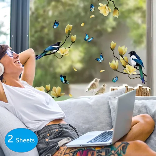 Vista 6 de Ohmywor 32 calcomanías de ventana de resorte de mariposa con diseño de pájaros en ramas de magnolia anticolisión para ataques de pájaros