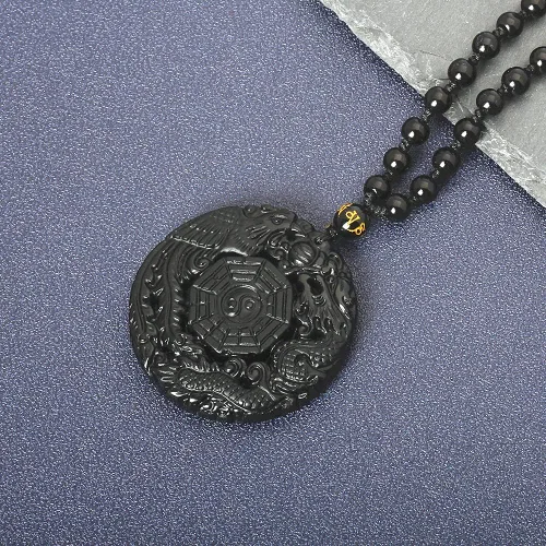 Vista 3 de Collar de obsidiana negra con dije de protección de amuleto de la suerte con cadena de cuentas extendida, piedra de cristal curativa, collares