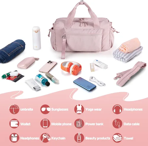 Vista 7 de Pequeña bolsa de gimnasio para mujer, bolsa deportiva de 12 litros con compartimento húmedo, mini bolsa de viaje para entrenamiento y fitness, Rosa