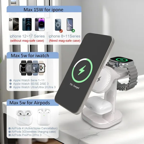 Vista 2 de Estación de carga inalámbrica 3 en 1 para soporte de cargador Magsafe, cargador magnético de teléfono para iPhone, Apple Watch, para Airpods