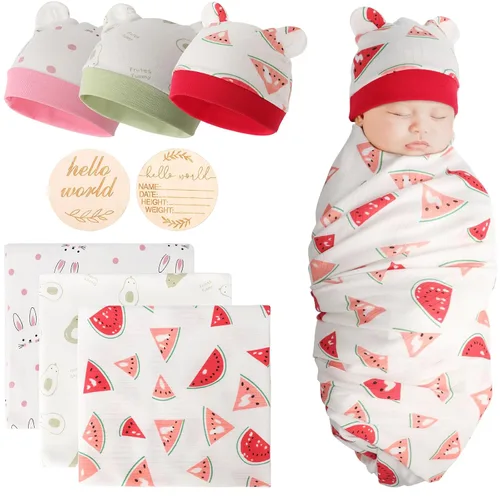 Vista 19 de DRESHOW BQUBO - Conjunto de gorro de algodón para bebé, manta para recién nacido, con orejas de oso, tarjeta de anuncio de nacimiento de madera