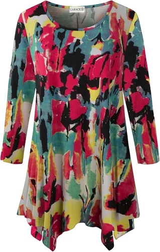 Vista 30 de LARACE - Camisa de talla extragrande para mujer, camisa tipo túnica con manga 3/4, ajuste holgado, ropa básica para mujer 2-negro_cuadros