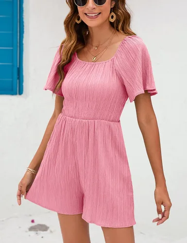 Vista 2 de KOJOOIN Women's Short Sleeve Square Neck Short Romper Off Shoulder Flutter Sleeve Wide Leg Mini Rompers