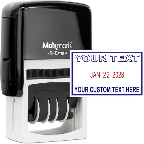 Vista 12 de Sello de fecha resistente con texto personalizado, sello autoentintado – 1 pulgada x 1-5/8 pulgadas – elección de color de tinta