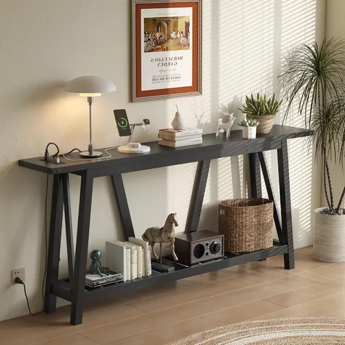 Vista 2 de Mesa de sofá extra larga de 70 pulgadas detrás del sofá, mesa de entrada industrial de 2 niveles, mesa consola de entrada estrecha con Negro