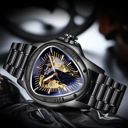 Vista 5 de Winner Fashion - Reloj de pulsera mecánico triangular de carreras, esfera de esqueleto dorado impermeable, movimiento automático, reloj mecánico