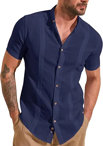 Vista 4 de Camisas de manga corta para hombre, camisas casuales a rayas, camisa de guayabera cubana con botones, camisas de verano para la playa y la boda