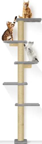 Vista 10 de PAWSCRAT Árbol para gatos montado en la pared, torre para gatos de piso a techo de 5 niveles, poste rascador para gatos montado en la pared de 80