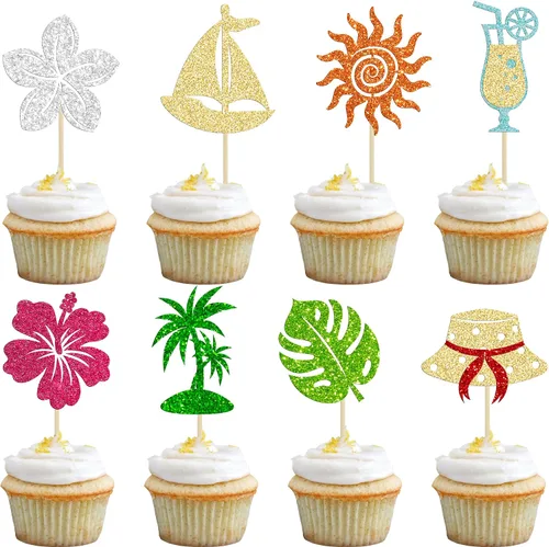 Vista 8 de 36 piezas de adornos para cupcakes de piña verde con purpurina verde para Luau despedida de soltera, fiesta de verano tropical, decoración