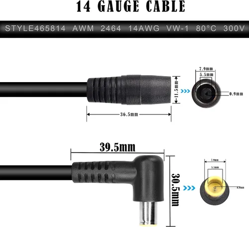 Vista 6 de GINTOOYUN 2 cables de alimentación DC7909 de 14AWG DC7.0.354 inx0.035 in en ángulo recto 90 grados macho a CC 0.311 inx0.035 in hembra cable