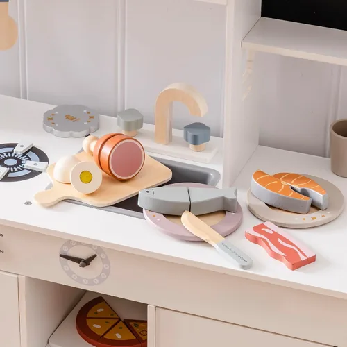 Vista 3 de ROBUD Juego de Comida de Madera para Jugar, Alimentos de Juguete para Cortar para Cocina de Simulación de Niños, Accesorios de Juguete de Cocina