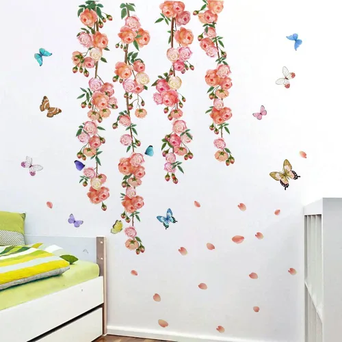 Vista 3 de Runtoo Calcomanías artísticas de pared de rosas de vid de flores, calcomanías de pared florales de peonía para sala de estar, dormitorio de niñas