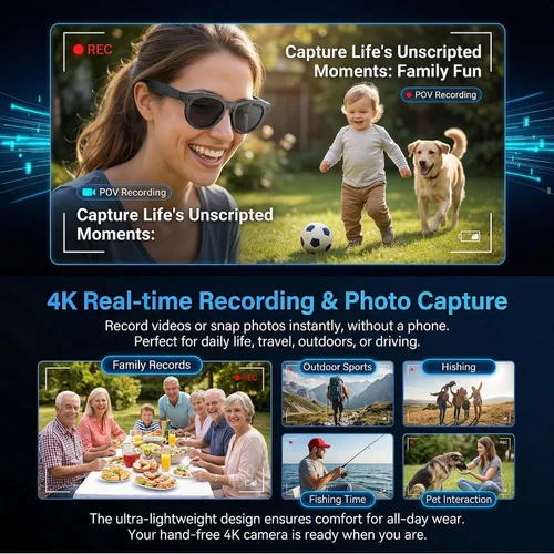 Vista 5 de Lentes inteligentes AI con cámara y video 1080P HD, gafas de grabación de video portátiles, manos libres en primera persona para Vlog en vivo