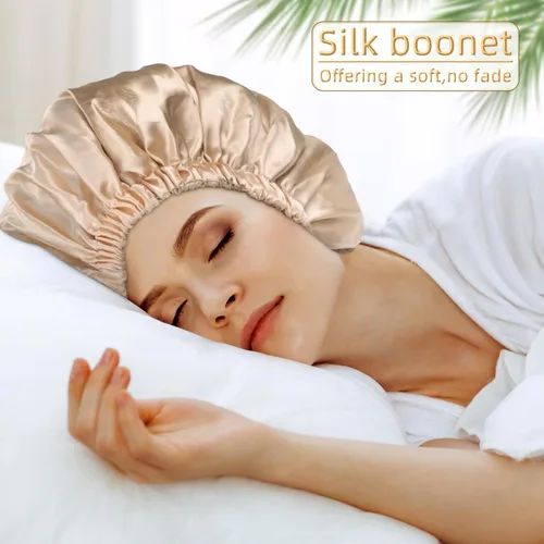 Vista 2 de Capó de satén de seda capó capó para dormir capó de satén para cabello natural capo para mujeres capó de seda para cabello natural (champán)