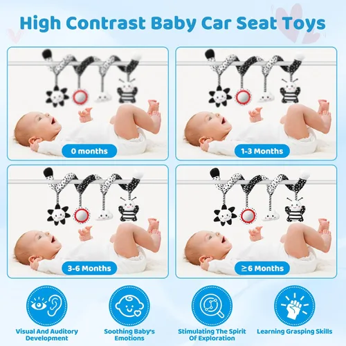 Vista 3 de Juguetes Colgantes para Asiento de Coche y Juguetes para Cochecito para Bebés de 0-6 Meses, Juguetes de Bebé de Alto Contraste para Recién Nacidos