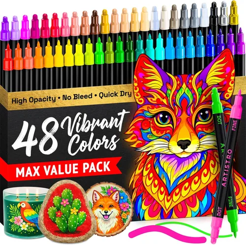 Vista 23 de ARTISTRO 5 marcadores negros de pintura acrílica de doble punta, juego de bolígrafos de pintura con puntos y puntas finas para tela, rocas, vidrio