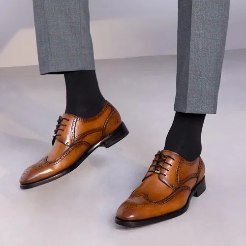 Vista 4 de Zapatos Oxford de vestir con punta redonda para hombre, zapatos Oxford Derby de cuero genuino con cordones