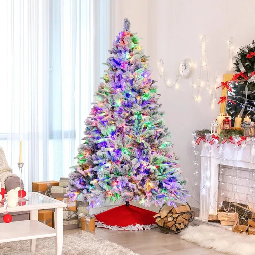 Vista 6 de Goplus - Árbol de Navidad artificial de 7 pies con nieve ya colocada, árbol de Navidad artificial con bisagras, con 320 luces LED multicolor, 8