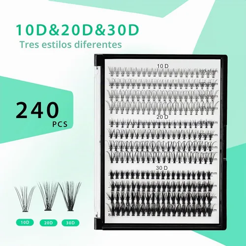 Vista 2 de Bodermincer Extensión de pestañas 240 unidades, rizado D, 10D+20D+30D, 10-16 mm/12-18 mm mezclado, racimo individual de pestañas postizas