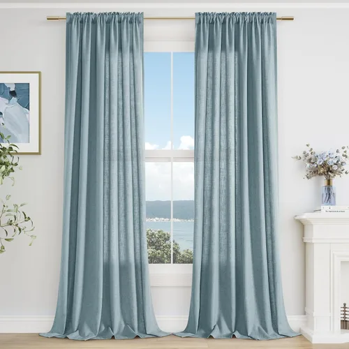 Vista 124 de Cortinas de lino verde aguamarina de 84 pulgadas de largo, juego de 2 paneles semitransparentes con bolsillo para barra para comedor, decoración