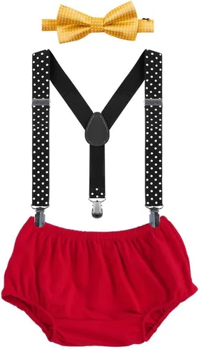 Vista 19 de Conjunto de ropa para festejar el primer cumpleaños de bebés, calzón pañalero con tirantes y corbata de moño. Beige & Blue