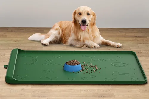 Vista 8 de Tapete para Comida de Perro - Tapete de Silicona para Perro para Comida y Agua - 36" x 24" Tapetes Grandes de Alimentación para Mascotas con Azul