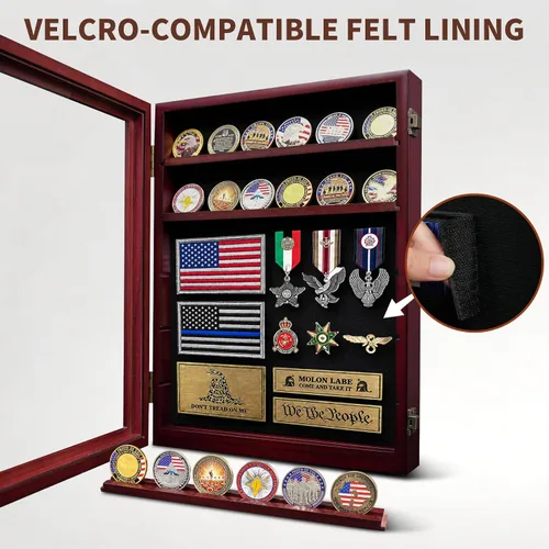 Vista 5 de ASmileIndeep Expositor de monedas de desafío militar de 6 filas, soporte de monedas de madera del ejército con vidrio templado HD, caja de Rojo
