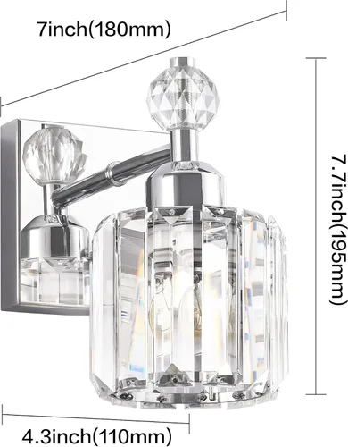 Vista 4 de PRESDE Aplique de pared de cristal único, lámpara de tocador cromada moderna, lámpara de pared de 1 luz para baño, dormitorio, pasillo