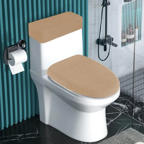 Vista 2 de Funda elástica para tapa de inodoro y funda para tanque de inodoro, juego de cubiertas elásticas para baño, tela de poliéster y elastano jacquard