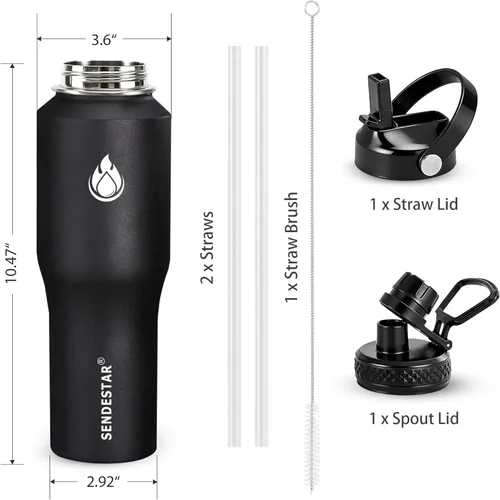 Vista 4 de SENDESTAR - Botella de agua de 0,9 L, 2 tapas (tapa con pajita), boca ancha de acero inoxidable aislada al vacío, doble pared, mantiene los líquidos
