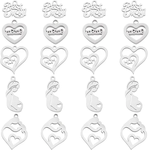 Vista 7 de PH PandaHall 12 dijes de corazón con mamá, 2 estilos de acero inoxidable de larga duración, cuentas de corazón de metal para bricolaje, collares