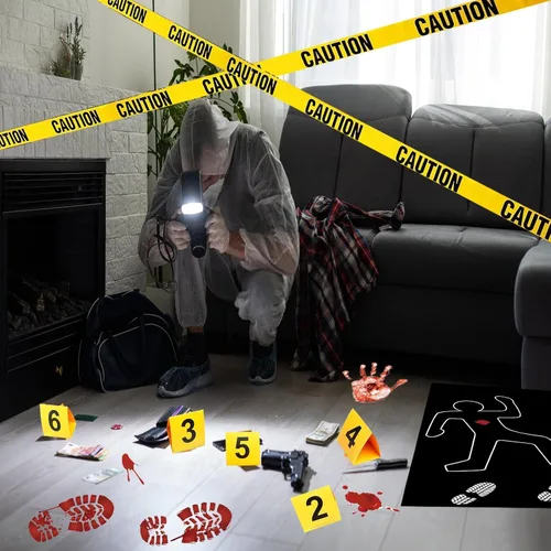 Vista 2 de Kit de decoración de escena del crimen de Halloween, cartel de cumpleaños con texto en inglés "Have a Killer", silueta corporal, cinta de escena
