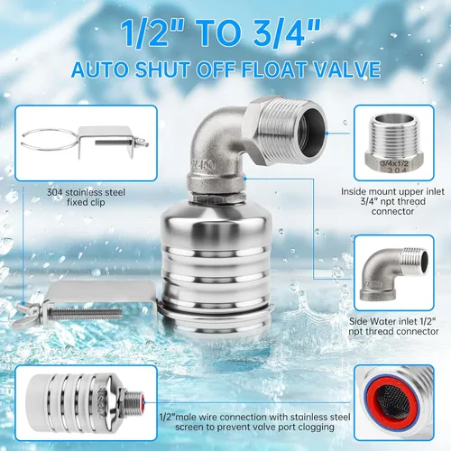 Vista 4 de Paquete de 2 válvulas de flotador, válvula automática de control de nivel de agua con adaptador de 1/2 pulgada a 3/4 pulgadas 1 pulgada para tanque
