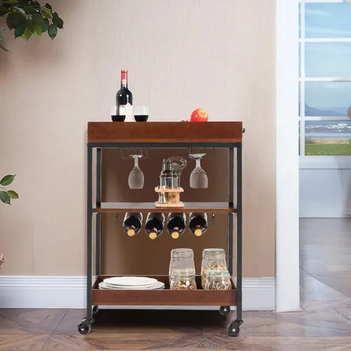 Vista 3 de Giantex Carrito de isla de cocina, carrito de estilo industrial con ruedas de 3 niveles, carrito de servicio, soporte de cocina de madera