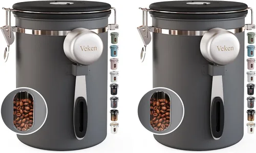 Vista 19 de Veken Recipiente de café con ventana, recipiente hermético de almacenamiento de alimentos de cocina de acero inoxidable con tapas, rastreador