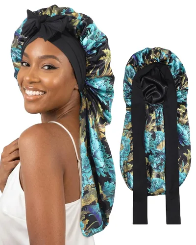 Vista 16 de AWAYTR Gorro largo de satén para mujer, gorro de seda elástica de doble capa para trenzas, gorro de dormir con banda de amarre (negro)