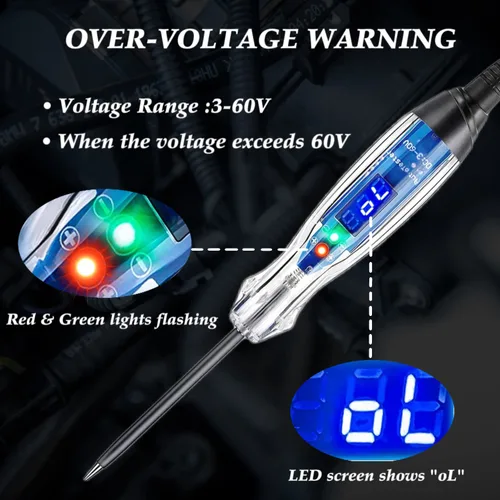 Vista 2 de Luz de prueba automotora, probador de circuito digital LED de 3-60 V CC, probador de luz resistente con voltímetro, probador de voltaje automático