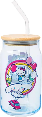 Vista 24 de Silver Buffalo Sanrio - Vaso de vidrio con tapa de bambú y sorbete de vidrio de fotos de Badtz-Maru, 16 onzas