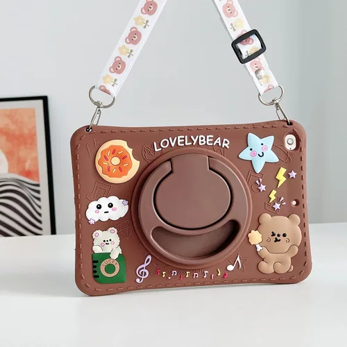 Vista 3 de Funda para Samsung Galaxy Tab S6 Lite P610/P615 de 10.4 pulgadas, silicona suave con patrón de oso marrón con cordón y soporte plegable a prueba