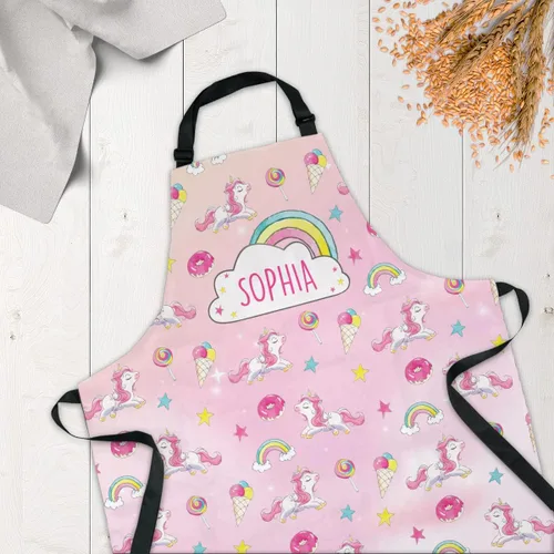 Vista 3 de winorax Delantal de unicornio para niñas y niños personalizado lindo patrón de unicornio delantales ajustables delantales para asar a la parrilla