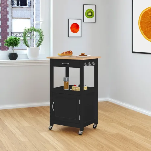 Vista 2 de eHemco carro para cocina con parte superior de madera natural y base de color blanco, Madera Noble, Negro