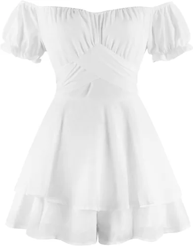 Vista 4 de Mameluco de manga abombada para mujer, vestido con volantes y hombros descubiertos con pantalones cortos de manga larga con capas fluidas de pirata