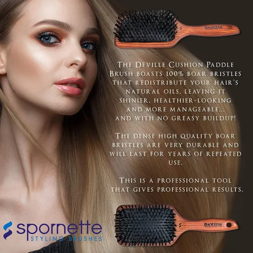 Vista 7 de Spornette Deville Cushion Paddle Brush - Cepillo de cerdas de jabalí con mango de madera, para alisar, alisar, desenredar, peinar y cepillar