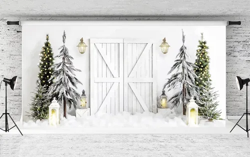 Vista 10 de Kate Telón de fondo de fotos de casa de campo de Navidad, fondo de puerta rosa, nieve blanca, árboles de Navidad, fondo de fotos, accesorios de 5