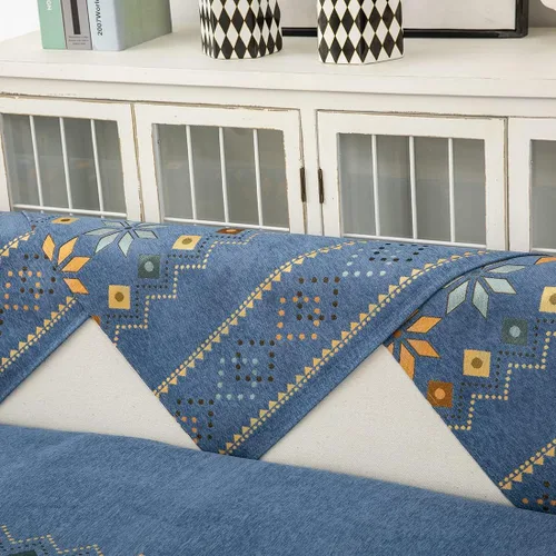 Vista 6 de Funda de sofá de chenilla para sofá modular, diseño geométrico bohemio y jacquard antideslizante, protector de muebles para niños, perros y Azul