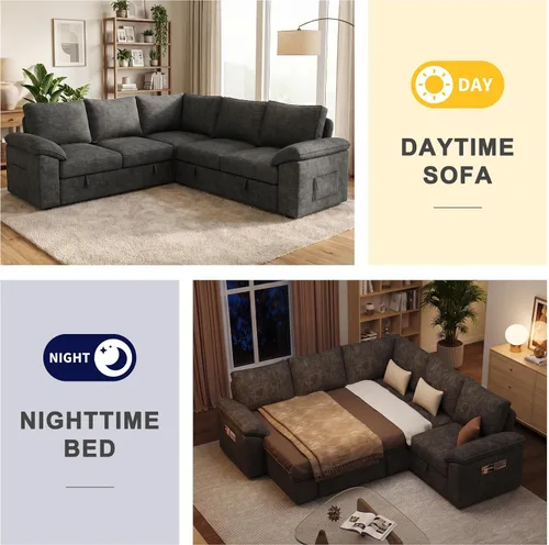 Vista 4 de Sofá modular de 85 pulgadas con cama extraíble, sofá modular de 5 asientos en forma de L con almacenamiento, sofás seccionales para sala de estar